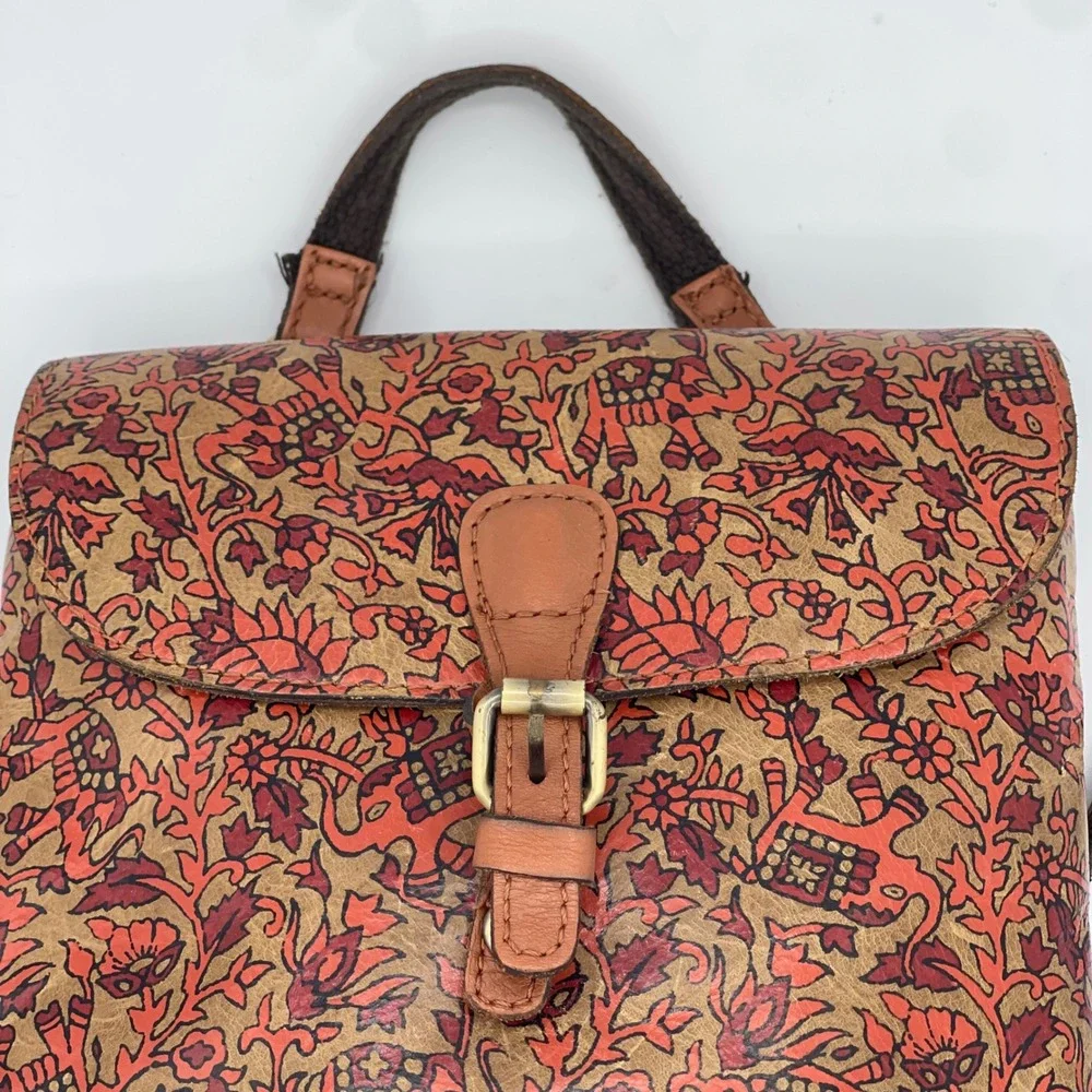 Patricia Nash Leather Mini Backpack Red Floral Elephant Print Boho Buckle Bag